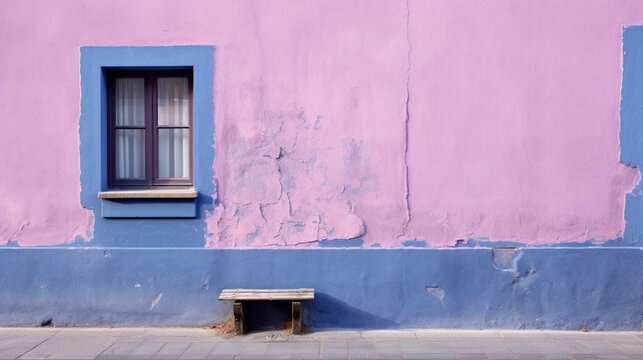 Fa&ccedil;ade d'une maison, peinture rose et bleu. Fen&ecirc;tre, vue sur rue. Quartier, habitation, architecture. Pour conception et cr&eacute;ation graphique.