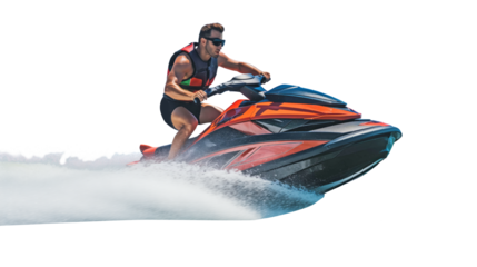 Man riding jet ski, side view of man standing on jet ski