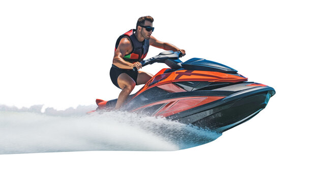 Man riding jet ski, side view of man standing on jet ski