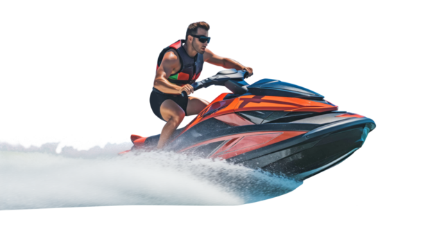 Man riding jet ski, side view of man standing on jet ski
