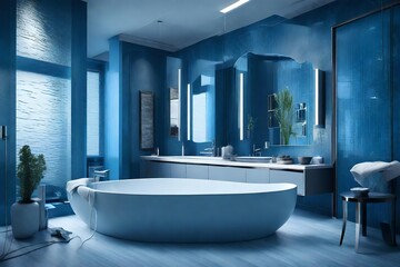 Modern luxury bathroom blue interior. No brandnames or copyright objects