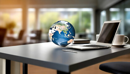 a professional setting with a globe placed on a sleek table, set against a blurred office background, symbolizing global business and connectivity.