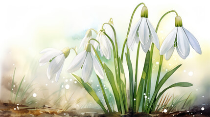 Spring snowdrops in the grass in watercolor style