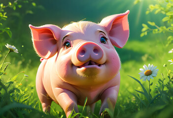 Happy small pig on spring meadow - 693889058