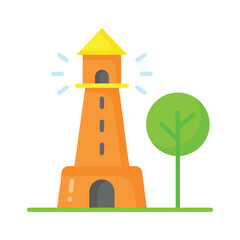 A tower containing a beacon light to warn or guide ships at sea, well designed icon of lighthouse