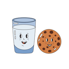 Cute glass of milk with cookie in love, perfect couple in groovy retro style. Happy Valentines day, romantic concept. Hippie retro vintage love elements.