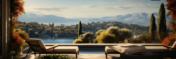  villa terrace with view sunset in the mountains - obrazy, fototapety, plakaty