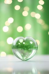 Transparent Green Heart Crystal with gold Bokeh Background for valentine
