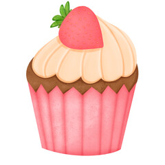 Strawberry cupcake isolated on white background