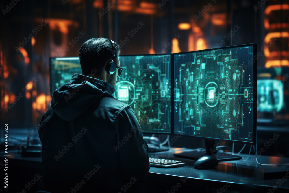 Poster a cybersecurity expert implementing advanced measures to protect against futuristic digital threats.