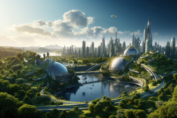 A futuristic city skyline with eco-friendly skyscrapers powered by renewable energy. Concept of sustainable urban living. Generative Ai. - obrazy, fototapety, plakaty