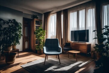 living room with chair and television by window.