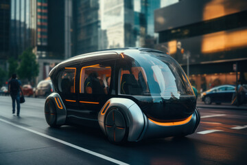 A self-driving car navigating city streets, representing the evolution of transportation...