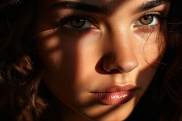 Extreme close up portrait of a beautiful woman with striking eyes and pouty lips interplay of light shadow pattern on the face.