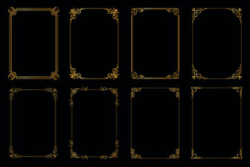 Gold ornamental frames and filigree floral ornaments. Vintage rectangular calligraphic borders retro.