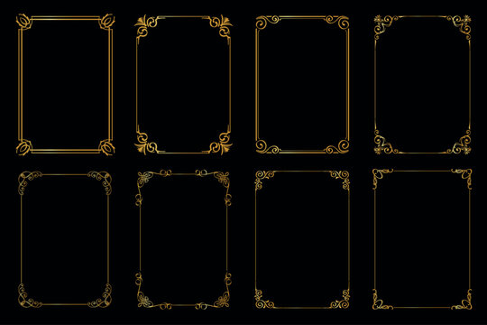 Gold ornamental frames and filigree floral ornaments. Vintage rectangular calligraphic borders retro.