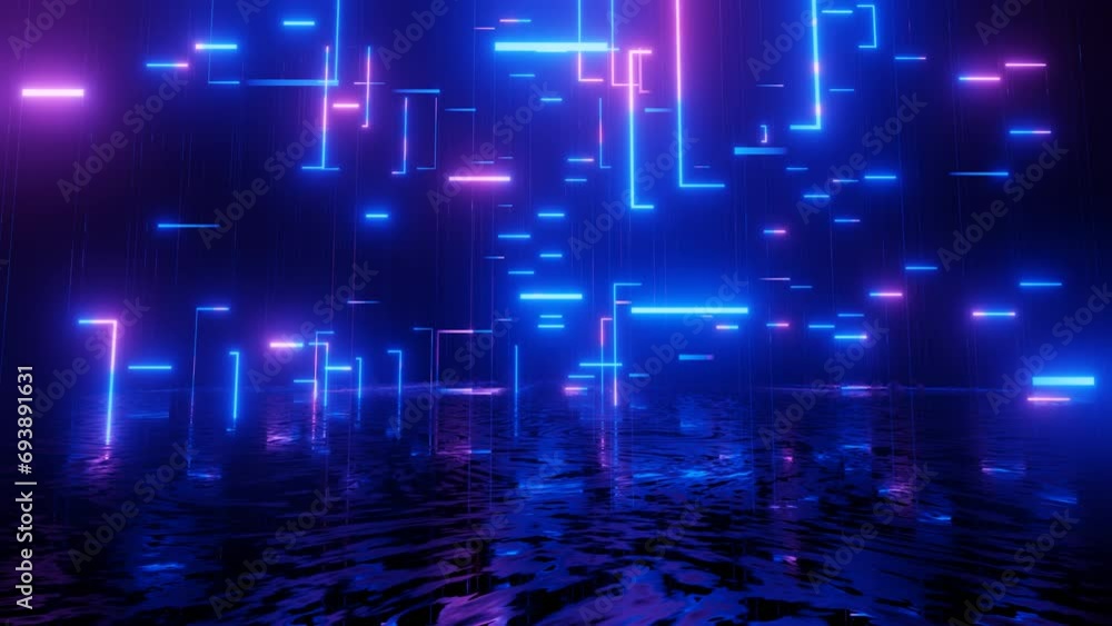 Aufkleber neon design 4k video with various neon elements and a reflecting floor. looped 3d render. glowing ne