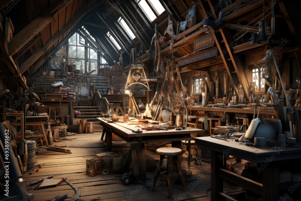Poster an abandoned workshop with tools and materials scattered around, symbolizing the innovative sparks g