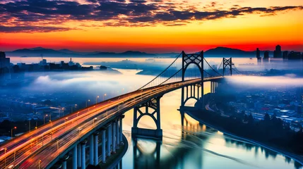Foto op Plexiglas Cityscape Reflection: Majestic Bridge at Dusk over Mirror-Like River © SK