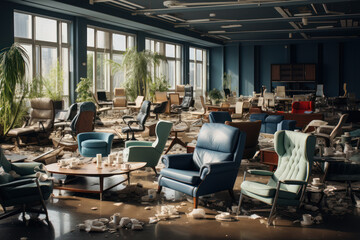 A deserted office space with flipped-over chairs and empty coffee cups, depicting the energetic atmosphere of a team brainstorming session. Generative Ai.