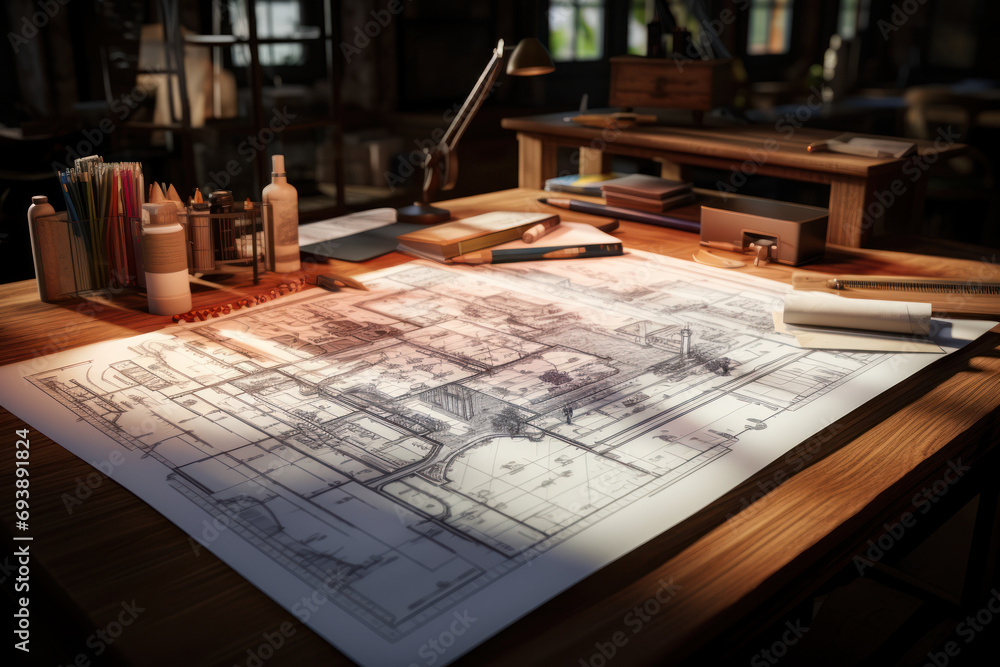 Poster an architect's drafting table with blueprints and design sketches, showcasing the structured creativ