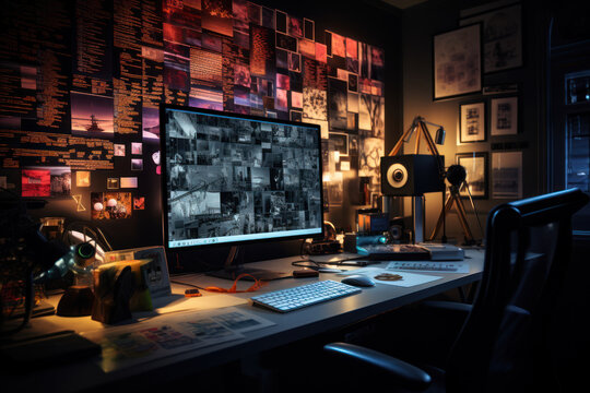 A film editing suite with scattered film reels and notes, symbolizing the collaborative brainstorming in the film industry. Generative Ai.