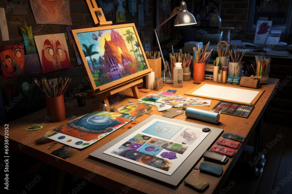 Aufkleber a cartoonist's drawing table with doodles and character sketches, capturing the whimsical brainstorm