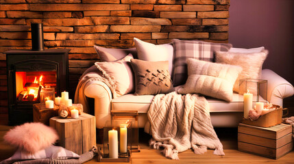 Fototapeta na wymiar Cozy Living Room with Soft Throw Pillows and Warm Accent Lighting
