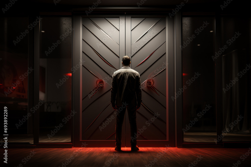 Poster a person standing in front of a closed door with a 