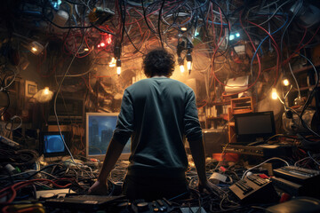Fototapeta na wymiar A person looking at a tangled mess of cords, representing the challenges of setting up electronic devices. Concept of tech setup problems. Generative Ai.