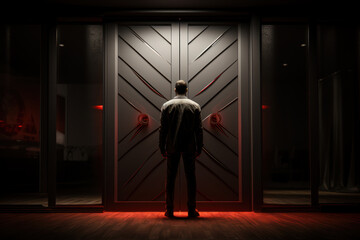 A person standing in front of a closed door with a 