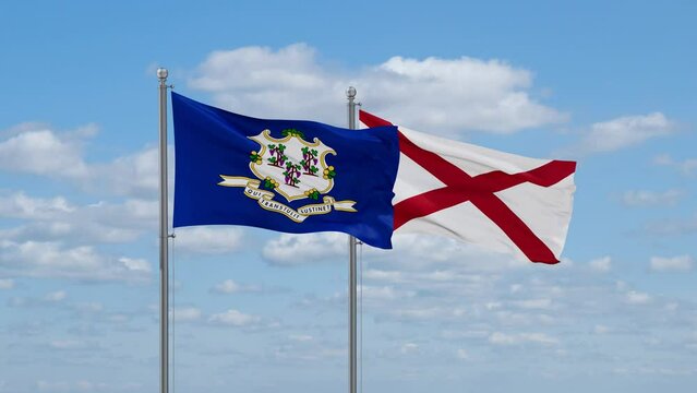 Alabama and Connecticut US state flags waving together on cloudy sky, endless seamless loop