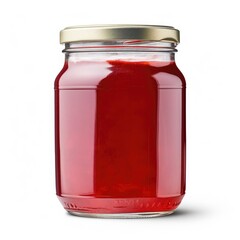 Homemade Red Jam in Glass Jar with Gold Lid Isolated on White Background