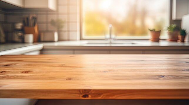 Wood table top on blur kitchen counter background