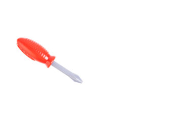 Screwdriver, toy plastic screwdriver with red handle, children's tool. Transparent background. PNG.