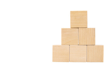 Pyramid of six wooden cubes, space for text. Transparent background. PNG.