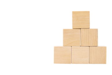 Pyramid of six wooden cubes, space for text. Transparent background. PNG.