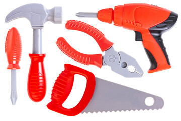Set, children's toy tool, drill, screwdriver, hammer, pliers, saw. Plastic children's toys....