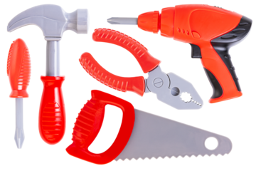 Set, children's toy tool, drill, screwdriver, hammer, pliers, saw. Plastic children's toys. Transparent background. PNG.