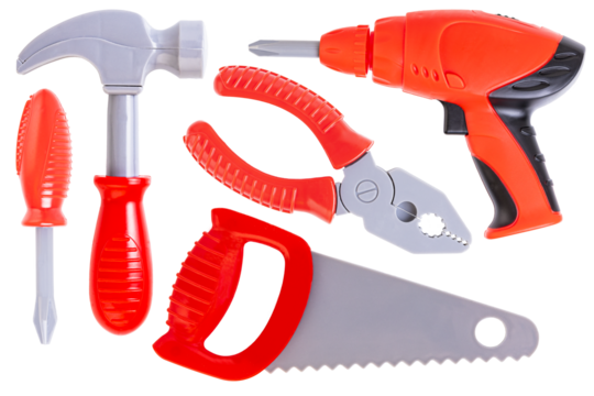 Set, children's toy tool, drill, screwdriver, hammer, pliers, saw. Plastic children's toys. Transparent background. PNG.