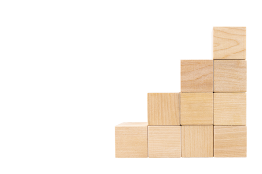 Pyramid steps, ladder made of wooden cubes, with space for text. Transparent background. PNG. copy space.