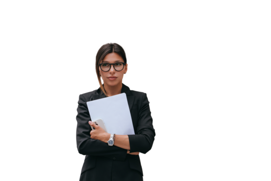 Thoughtful young brunette woman in business suit holds papers looks away against transparent background. American student waiting for exam results Education, business.