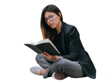 Focused young brunette businesswoman sitting against transparent background holding notebook checking agenda. Young female student preparing for exam. Education, business - Powered by Adobe