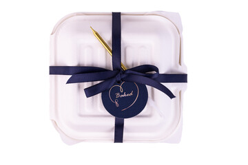 Bento cake, bento box with blue ribbons on the packaging. Happy birthday. Transparent background. PNG