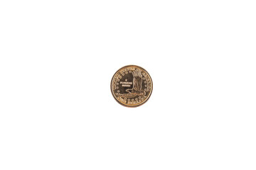 One dollar gold coin. Transparent isolated background. PNG.