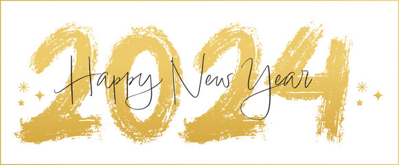 New year 2024 brushed hand lettering. Gold calligraphic composition. Vector holiday design.