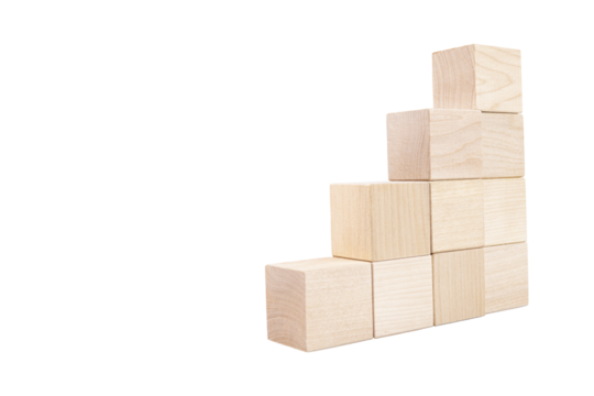 Pyramid steps, ladder made of wooden cubes, with space for text. Transparent background. PNG..copy space. - Powered by Adobe