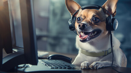 A cute funny dog in a is working at a laptop. The pet works at the computer - obrazy, fototapety, plakaty