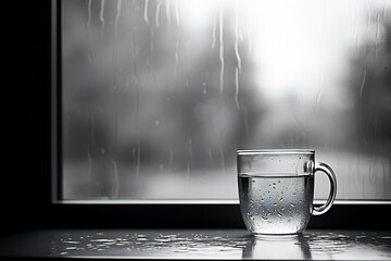 A glass of water on a wet window glass with water drop background