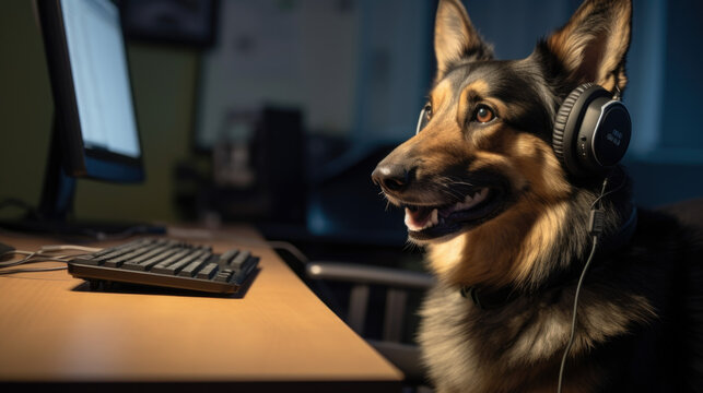 A cute funny dog in a is working at a laptop. The pet works at the computer